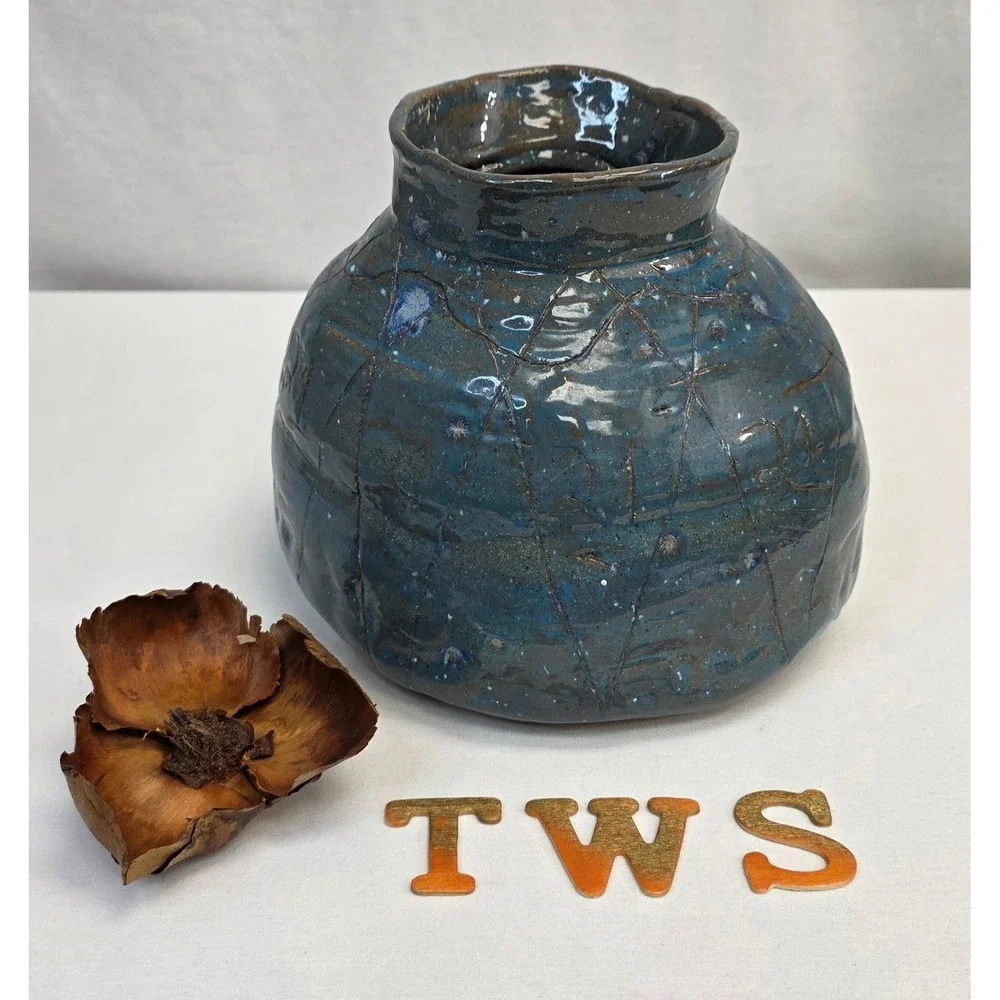Studio Pottery Blue Glazed Ceramic Vase Handcrafted Etched Geometric Vessel